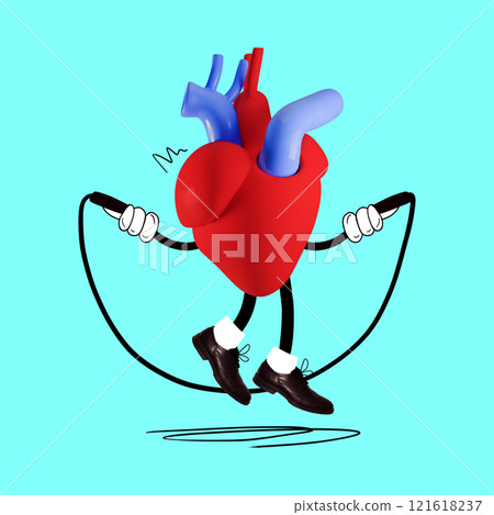 Playful depiction of heart skipping rope, promoting cardiovascular fitness and active living. Contemporary art collage. Playful depiction of heart skipping rope, promoting cardiovascular fitness and active living. Contemporary art collage. 121618237