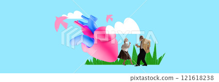 Pink heart floating amidst clouds with an elderly couple dancing, symbolizing joy and active lifestyle in maintaining heart health. Contemporary art collage. 121618238
