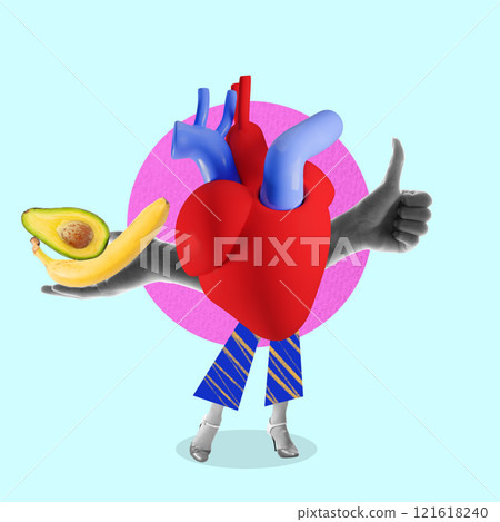 Symbolic heart with human legs and hands, holding avocado and banana, symbolizing importance of nutrition for heart health. Contemporary art collage. 121618240