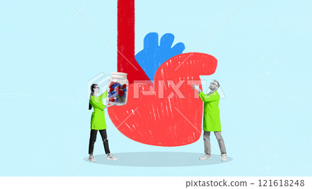 Two doctors, scientists in lab coats interacting with giant heart, representing cardiovascular research and innovative medicine. Contemporary art collage. Two doctors, scientists in lab coats interacting with giant heart, representing cardiovascular research and innovative medicine. Contemporary art collage. 121618248