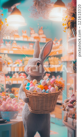 Charming bunny in soft pastel tones holding a basket of Easter eggs, surrounded by delicate gifts and spring decor 121618310