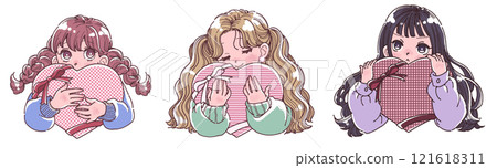 Illustration set of a girl holding a big heart 121618311