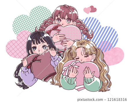 Illustration of three girls holding a big heart 121618316