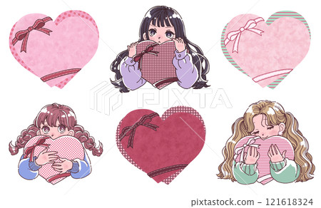 一個女孩抱著一顆大心和一顆帶有絲帶的心的插圖集 121618324