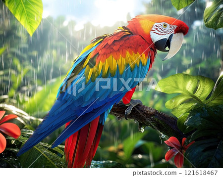 Vibrant Macaw Parrot Perched in Lush Tropical Rainforest with Colorful Flowers and Sunlight 121618467