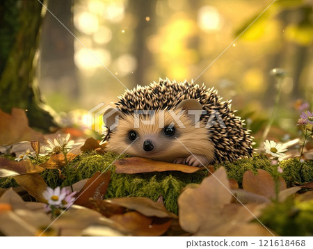 Adorable Tiny Hedgehog Nestled in Cozy Autumn Leaves Surrounded by Moss and Wildflowers in Golden Forest Light 121618468
