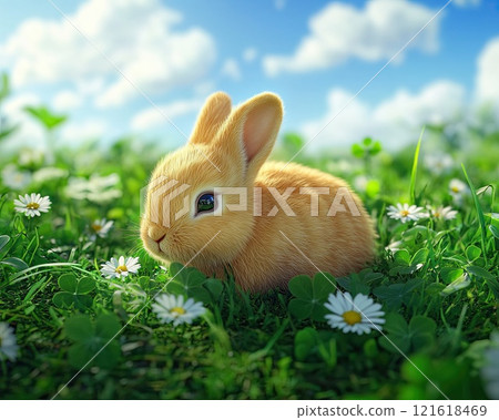Adorable Baby Bunny in Lush Green Meadow Surrounded by Daisies and Clover Under Bright Blue Sky 121618469