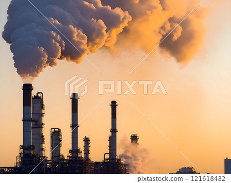 Industrial pollution. Silhouetted refinery chimneys and smoke stacks billowing dark, grey and orange smoke against a vibrant sunset sky. Air pollution from fossil fuel burning. Climate change, global Industrial pollution. Silhouetted refinery chimneys and smoke stacks billowing dark, grey and orange smoke against a vibrant sunset sky. Air pollution from fossil fuel burning. Climate change, global 121618482