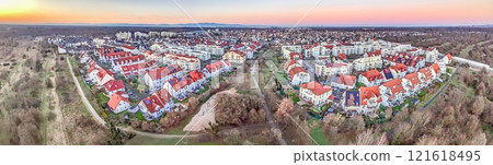 A panoramic sunset view of the city of Walldorf near Frankfurt with red rooftops A panoramic sunset view of the city of Walldorf near Frankfurt with red rooftops 121618495