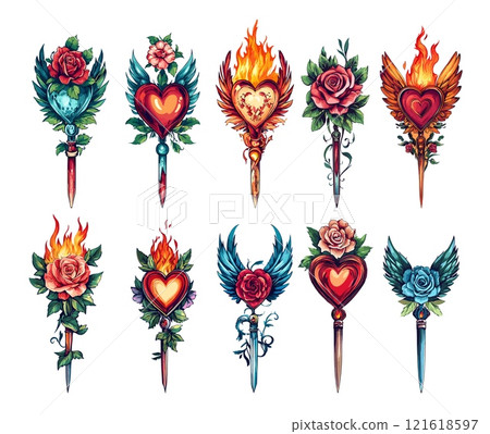 Flash tattoo cartoon concepts. Sharp blade rose flower blossom winged heart straight razors knife fire flame, old vintage retro classical style designs isolated illustration on white background Flash tattoo cartoon concepts. Sharp blade rose flower blossom winged heart straight razors knife fire flame, old vintage retro classical style designs isolated illustration on white background 121618597
