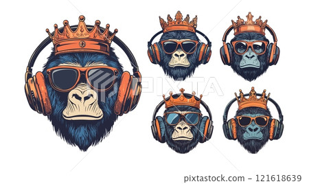 Crown gorilla headphones heads cartoon vector set. Fluffy ape close up avatar glasses portrait king jungle corona headsets animal isolated on white background 121618639