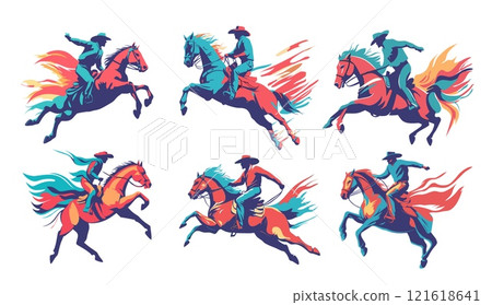 Cowboy rider cartoon concepts. Hat rope jumping horse cattle riding rodeo man horseman rural rancher country side character, isolated vectors on white background 121618641