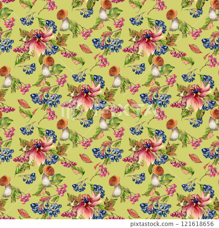 Mushroom with brown orange cap and black chokeberry in watercolor seamless pattern isolated. Woodland repeated background of coneflowers, daisy and wild plants painted. Autumn texture pink flowers. Mushroom with brown orange cap and black chokeberry in watercolor seamless pattern isolated. Woodland repeated background of coneflowers, daisy and wild plants painted. Autumn texture pink flowers. 121618656