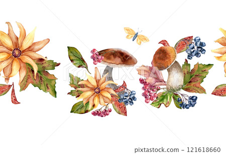 Autumn seamless border of mushrooms with yellow flower and rowan berries in watercolor isolated. Coneflowers and black chokeberry painted. Repeated texture with woodland plants hand drawn. 121618660