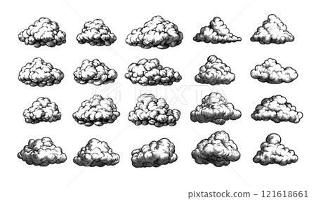 Clouds engraving vector set. Air steam cloudscape fluffy soaring sky tufts, curved heaven streams retro vintage hand drawn black ink sketch monochrome isolated illustration on white background Clouds engraving vector set. Air steam cloudscape fluffy soaring sky tufts, curved heaven streams retro vintage hand drawn black ink sketch monochrome isolated illustration on white background 121618661