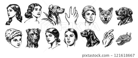 Classic tattoo flashes engraving vector set. Woman head beautiful portraits, spiders insects pet dogs avatars designs, old school classic tattoos, isolated vector on white background 121618667