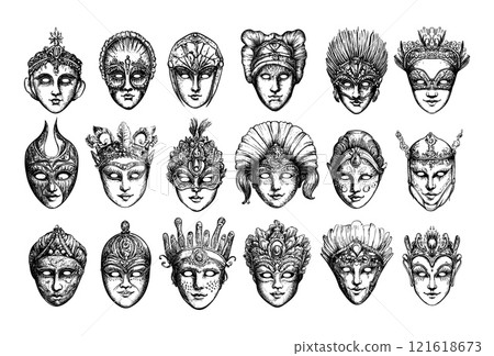 Carnival masks engraving vector set. Traditional italian face coverings masquerades, festival anonymity venetian extravaganza jewelry accessories, black monochrome ink isolated vectors on white Carnival masks engraving vector set. Traditional italian face coverings masquerades, festival anonymity venetian extravaganza jewelry accessories, black monochrome ink isolated vectors on white 121618673