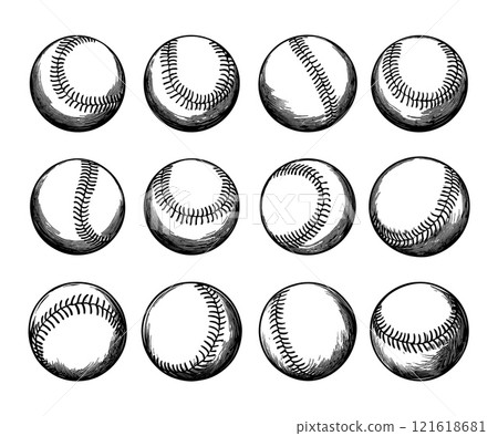 Baseball balls engraving vector set. Stitches leather sport throwing ball american traditional active competition hand drawn isolated on white background 121618681