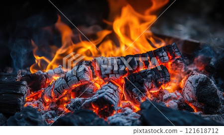burning camp fire close up 121618712