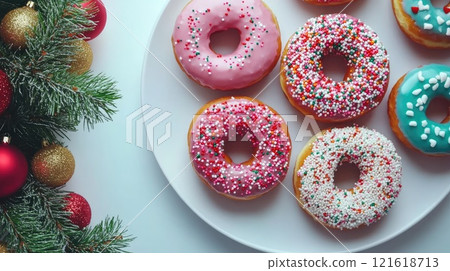 delicious festive donuts adorned with christmas holiday decorations 121618713