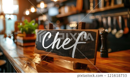 chef sign displayed on a counter in a kitchen in culinary atmosphere 121618733