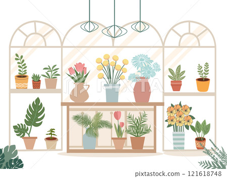Flower shop interior with plants and flowers 121618748