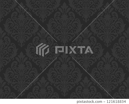 Dark damask pattern with subtle floral and swirling details on a black background. Damask seamless pattern. Dark damask pattern with subtle floral and swirling details on a black background. Damask seamless pattern. 121618834