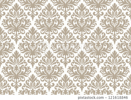 Taupe and white damask pattern with intricate floral motifs. Damask seamless pattern. 121618846