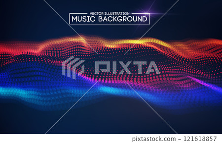 Colorful music background with flowing wave of red, yellow, and blue dots in an abstract digital design Colorful music background with flowing wave of red, yellow, and blue dots in an abstract digital design 121618857