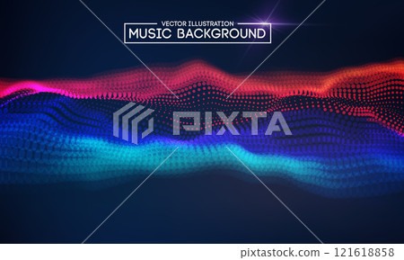 Vibrant music background with flowing waves of red and blue dots in a dynamic abstract design Vibrant music background with flowing waves of red and blue dots in a dynamic abstract design 121618858