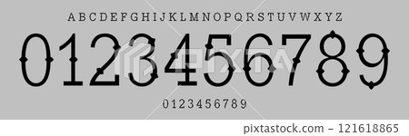 Tattoo slab serif typography, traditional mexican numbers and letters, sailor tattoo font for dead day los muertos branding, jersey numbers, team merchandise. Vector typeset. 121618865