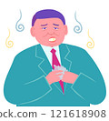 Vector illustration of a middle-aged man in a vulgar suit putting a rice ball in his mouth in one bite 121618908