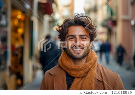 Close-up portrait of young smiling caucasian man wearing in coat and orange scarf walking on street. Handsome stylish citizen person in outside looking at camera with happy face, city background Close-up portrait of young smiling caucasian man wearing in coat and orange scarf walking on street. Handsome stylish citizen person in outside looking at camera with happy face, city background 121618959
