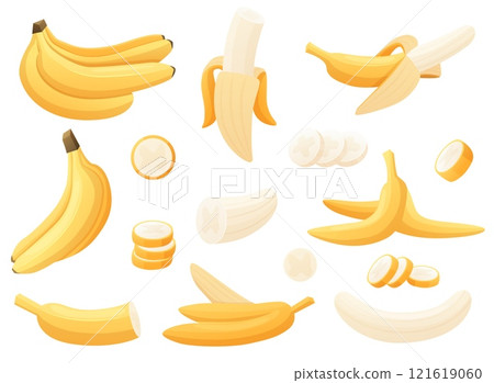 Cartoon bananas. Yellow banana in peel, cut slices and ready to eat. Exotic fruits bunch, vegetarian vitamin natural sweet food nowaday vector set 121619060