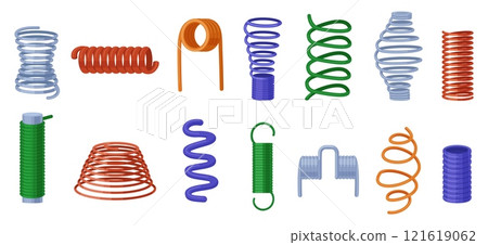 Cartoon various springs. Metal spring, isolated slinky coils. Flexible elements for technics, repair equipment, pressure steel wire, nowaday vector clipart Cartoon various springs. Metal spring, isolated slinky coils. Flexible elements for technics, repair equipment, pressure steel wire, nowaday vector clipart 121619062