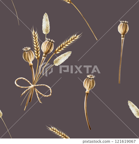 Seamless pattern with dried poppy heads, ear of wheat, plants. Watercolor hand drawn twine bow, box and stems poppy illustration isolated on background. For designers, invitations, decoration 121619067