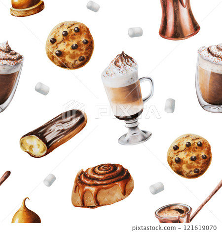 Seamless pattern with latte, marshmallow, chocolate eclair, cookies, cinnamon bun illustration. Coffee in a glass cup. Watercolor hand painting isolated background. For designers, menu, shop, bar 121619070