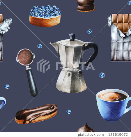 Seamless pattern with chocolate bar in ripped open foil, geyser coffee maker, porcelain cup with americano. eclair, blueberry tartlet. Hand painting watercolor illustration isolated on background. For Seamless pattern with chocolate bar in ripped open foil, geyser coffee maker, porcelain cup with americano. eclair, blueberry tartlet. Hand painting watercolor illustration isolated on background. For 121619072