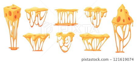 Melted cartoon cheese. Dairy gourmet food, fondue, melting emmental gouda cheddar mozzarella for sauce or burger. Flowing tasty product for pasta, nowaday vector set Melted cartoon cheese. Dairy gourmet food, fondue, melting emmental gouda cheddar mozzarella for sauce or burger. Flowing tasty product for pasta, nowaday vector set 121619074