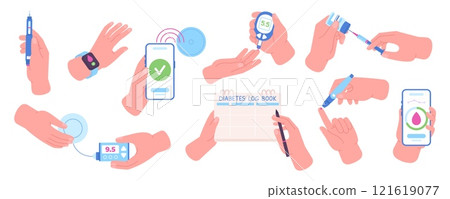 Diabetes management. Human holding different medicine equipment and tools. Diabete digital devices, insulin pump, glucometer, test stripes, racy vector set 121619077