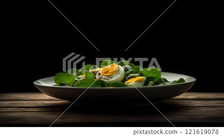 Plate of salad from green leaves and eggs on wooden table and dark background 121619078