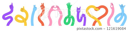 Long cartoon hands. Flexible cartoon hand show different positive gestures. Thumb up, victory heart ok signs. Stretched bright arms racy vector set Long cartoon hands. Flexible cartoon hand show different positive gestures. Thumb up, victory heart ok signs. Stretched bright arms racy vector set 121619084