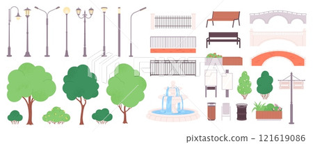 City park elements. Urban green zone objects, street lamps benches trees fountain, bridges, urns, billboards. Decorative modern landscape racy vector set 121619086