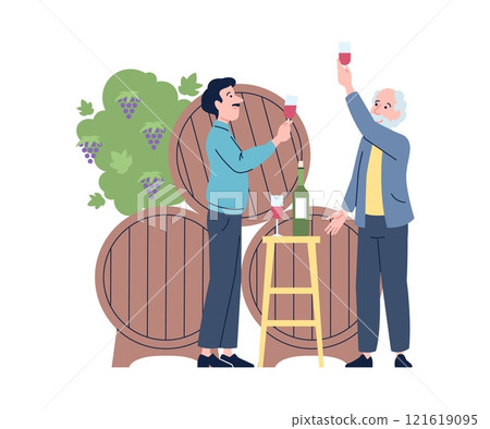 Wine degustation. Winemakers tasting wine, sommelier working on winery or cellar. Men drinking alcohol beverages, wooden barrels and grapes flat recent vector scene 121619095