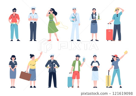 Ship travel characters. Yacht crew, service workers and travellers with luggage. Captain and boatswain, sailor man in uniform. Maritime recent vector set 121619098