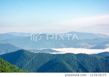 mountain landscape of ukrainian alps in summer. amazing highland of ukraine. morning scenery with fog in the distant valley. forest on the steep slope of chornohora ridge. travel destination 121619173