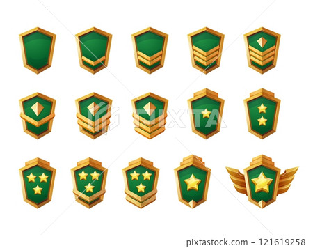 Game soldier insignia. Military rank badges, army police officer chevron stripes general major sergeant captain uniform patch symbol logo shooter gaming swanky vector illustration Game soldier insignia. Military rank badges, army police officer chevron stripes general major sergeant captain uniform patch symbol logo shooter gaming swanky vector illustration 121619258