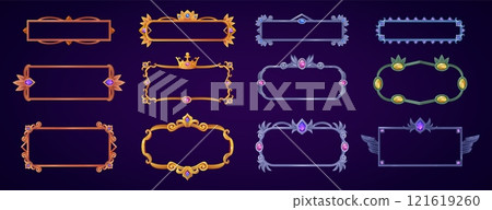 Game medieval buttons. Old metal rectangle frames for fantasy rpg gaming ui menu elements, user name avatars or title borders gold vintage bars asset set swanky vector illustration Game medieval buttons. Old metal rectangle frames for fantasy rpg gaming ui menu elements, user name avatars or title borders gold vintage bars asset set swanky vector illustration 121619260