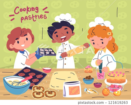 Kids cooking together. Children making baking in home kitchen interior, kid cook classes workshop little chef child teamwork cooking dish prepare food, classy vector illustration 121619263