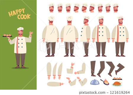 Chef animation. Chief cook character creation kit, man in hat apron cooks uniform back front view standing restaurant worker, cartoon game characters classy vector illustration Chef animation. Chief cook character creation kit, man in hat apron cooks uniform back front view standing restaurant worker, cartoon game characters classy vector illustration 121619264